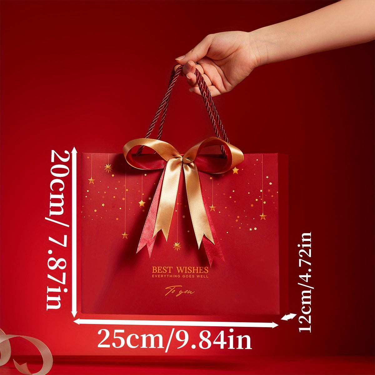 Red Star Gift Bag with Gold Bow – Elegant Reusable Paper Tote