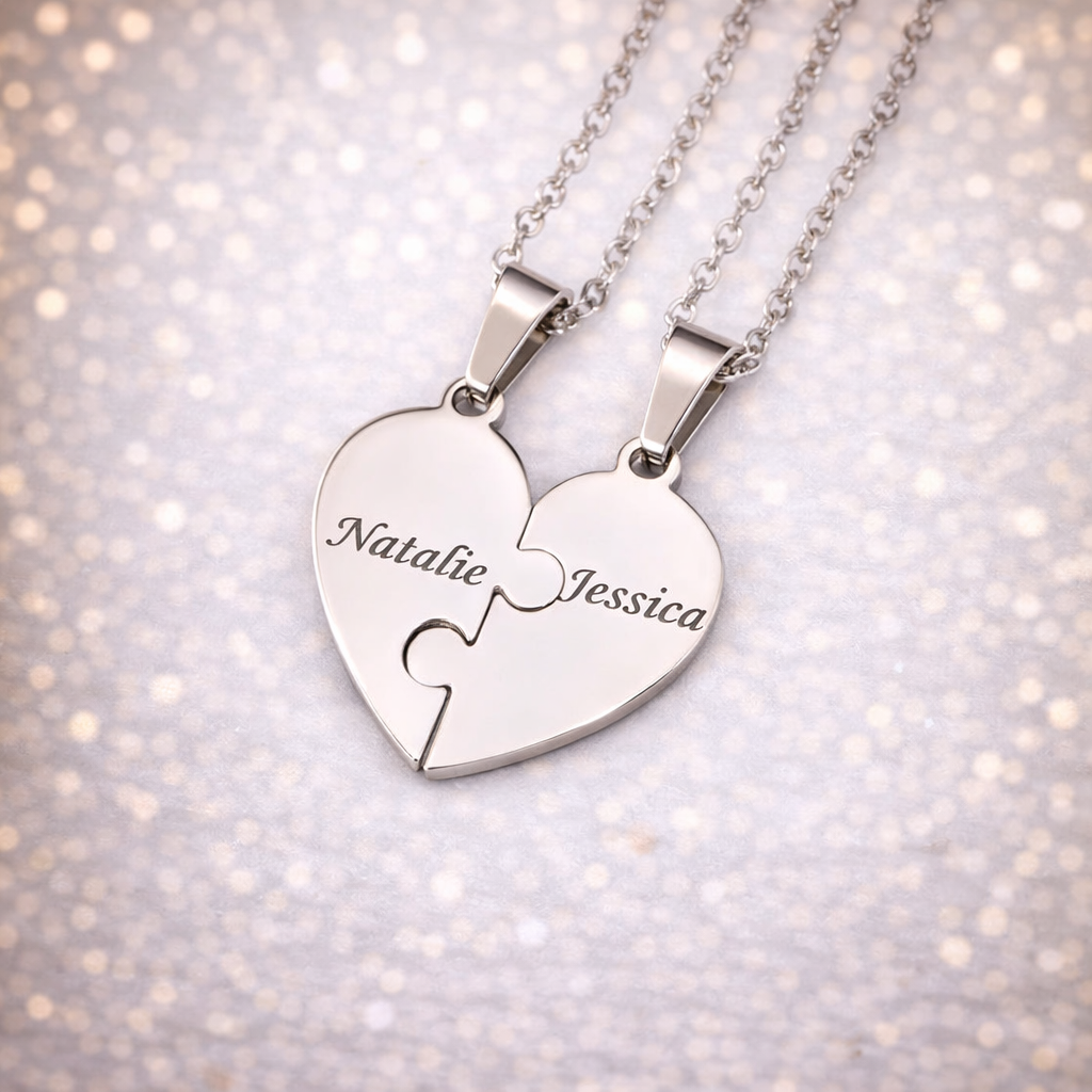 Personalized Puzzle Heart Name Necklace – Custom Engraved Pendant