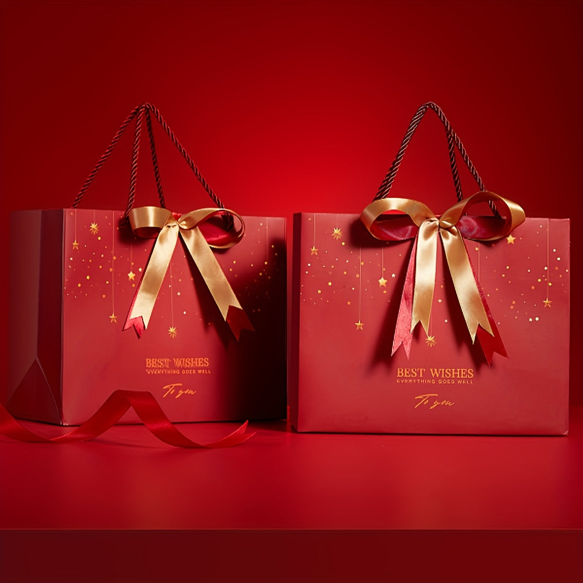 Red Star Gift Bag with Gold Bow – Elegant Reusable Paper Tote