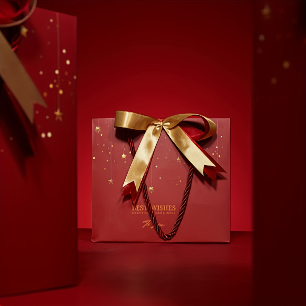 Red Star Gift Bag with Gold Bow – Elegant Reusable Paper Tote
