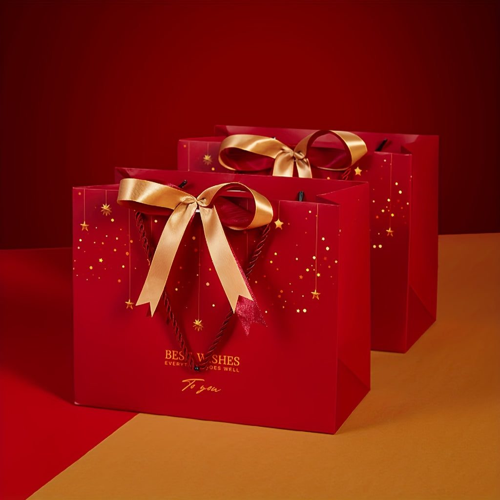 Red Star Gift Bag with Gold Bow – Elegant Reusable Paper Tote