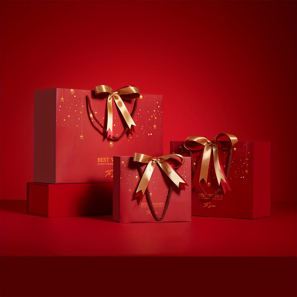 Red Star Gift Bag with Gold Bow – Elegant Reusable Paper Tote