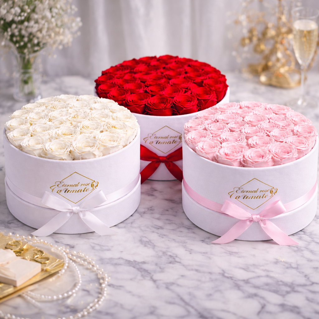 27 Forever Roses in Suede Round Box – Luxury Preserved Red Roses