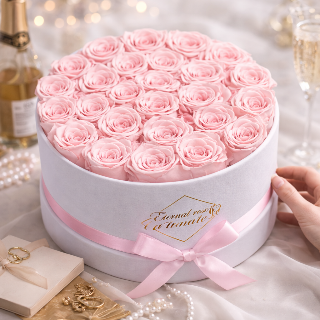 27 Forever Roses in Suede Round Box – Luxury Preserved Red Roses