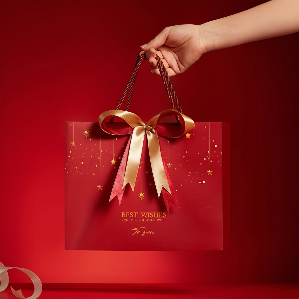 Red Star Gift Bag with Gold Bow – Elegant Reusable Paper Tote