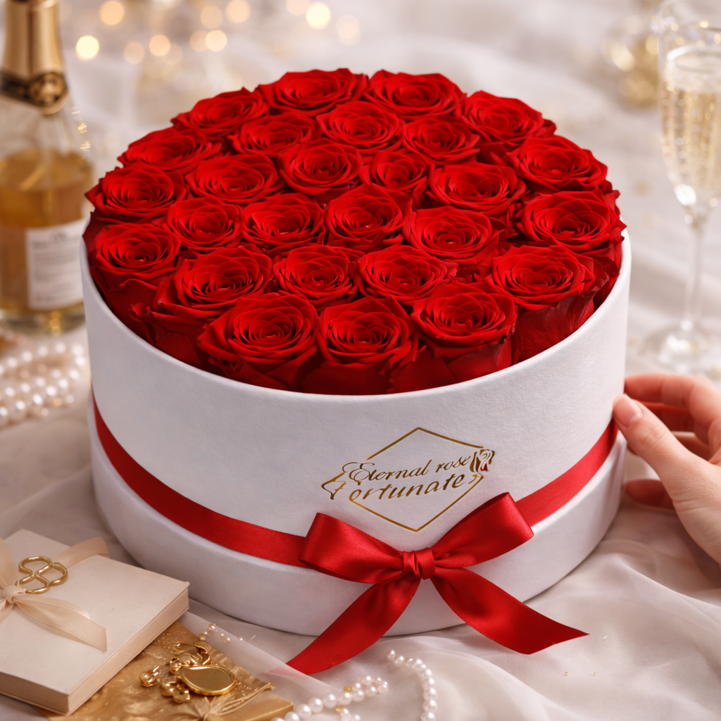 27 Forever Roses in Suede Round Box – Luxury Preserved Red Roses