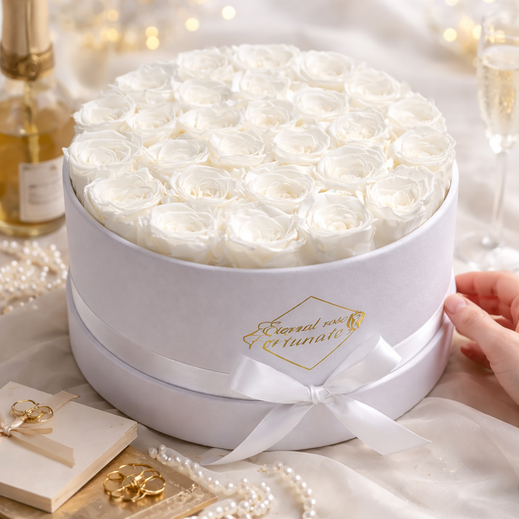 27 Forever Roses in Suede Round Box – Luxury Preserved Red Roses