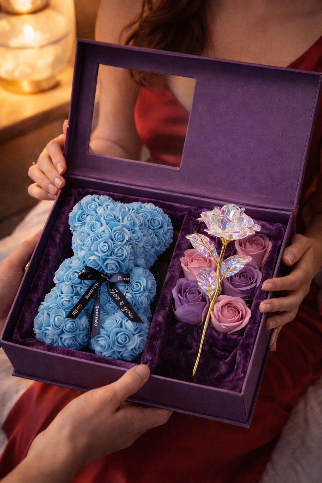 2-Piece Rose Gift Set – Rose Bear + Golden Rose Box