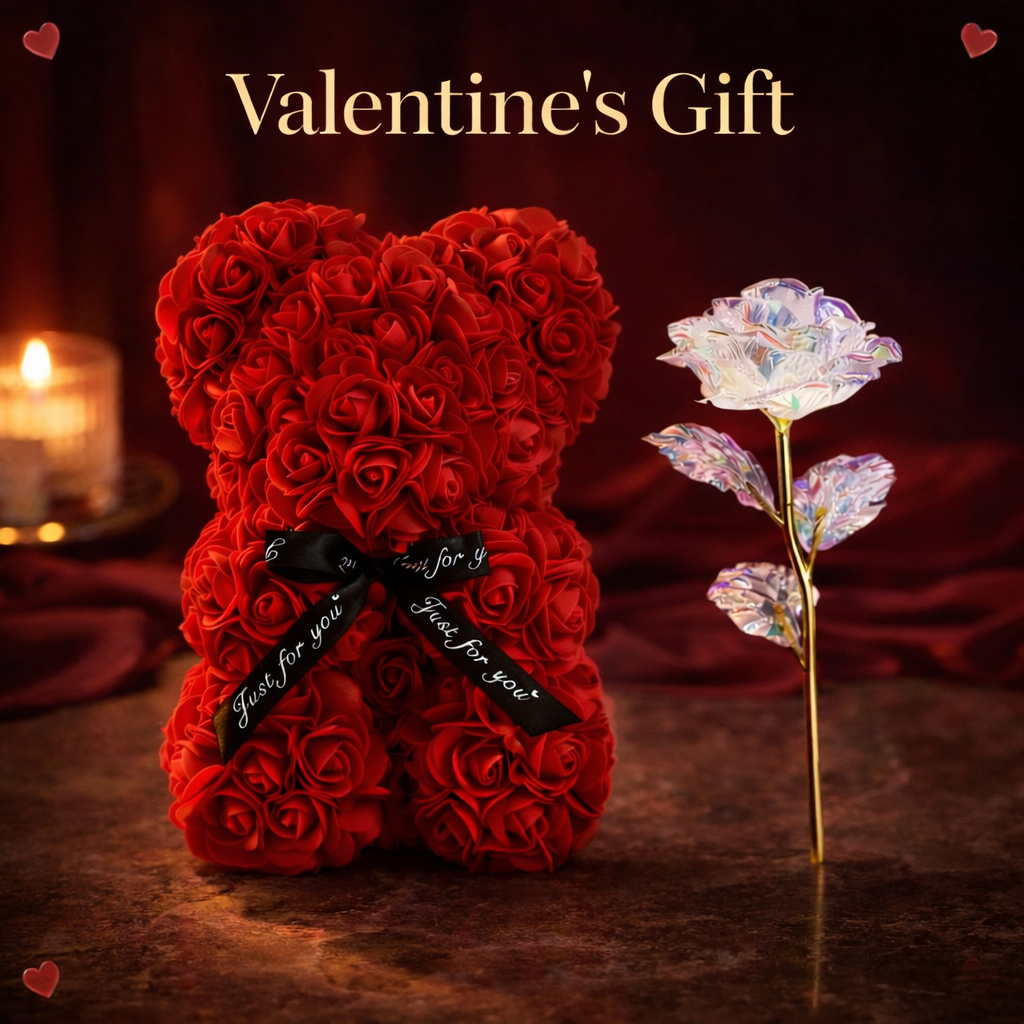 2-Piece Rose Gift Set – Rose Bear + Golden Rose Box