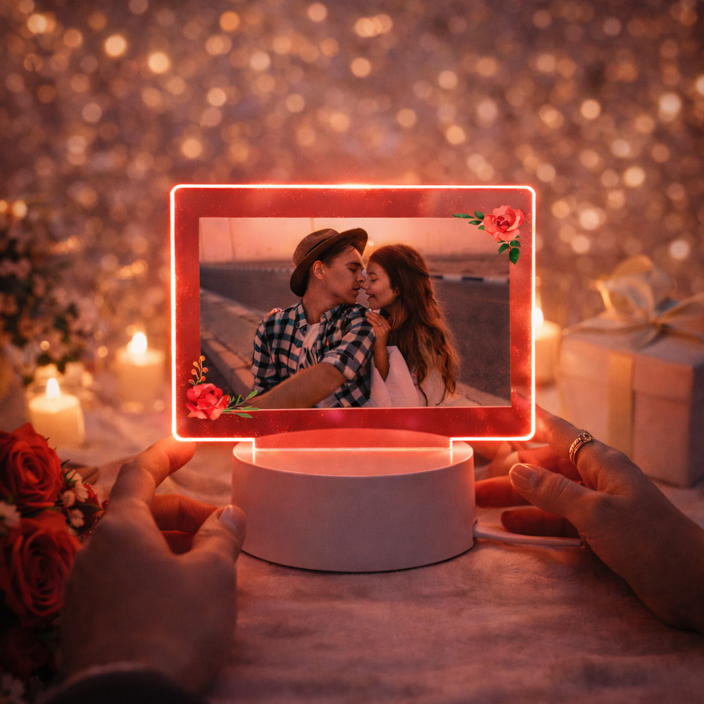 3D Rose Photo Frame – Warm LED Night Light