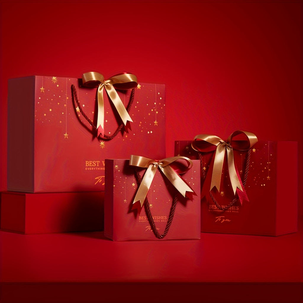 Red Star Gift Bag with Gold Bow – Elegant Reusable Paper Tote